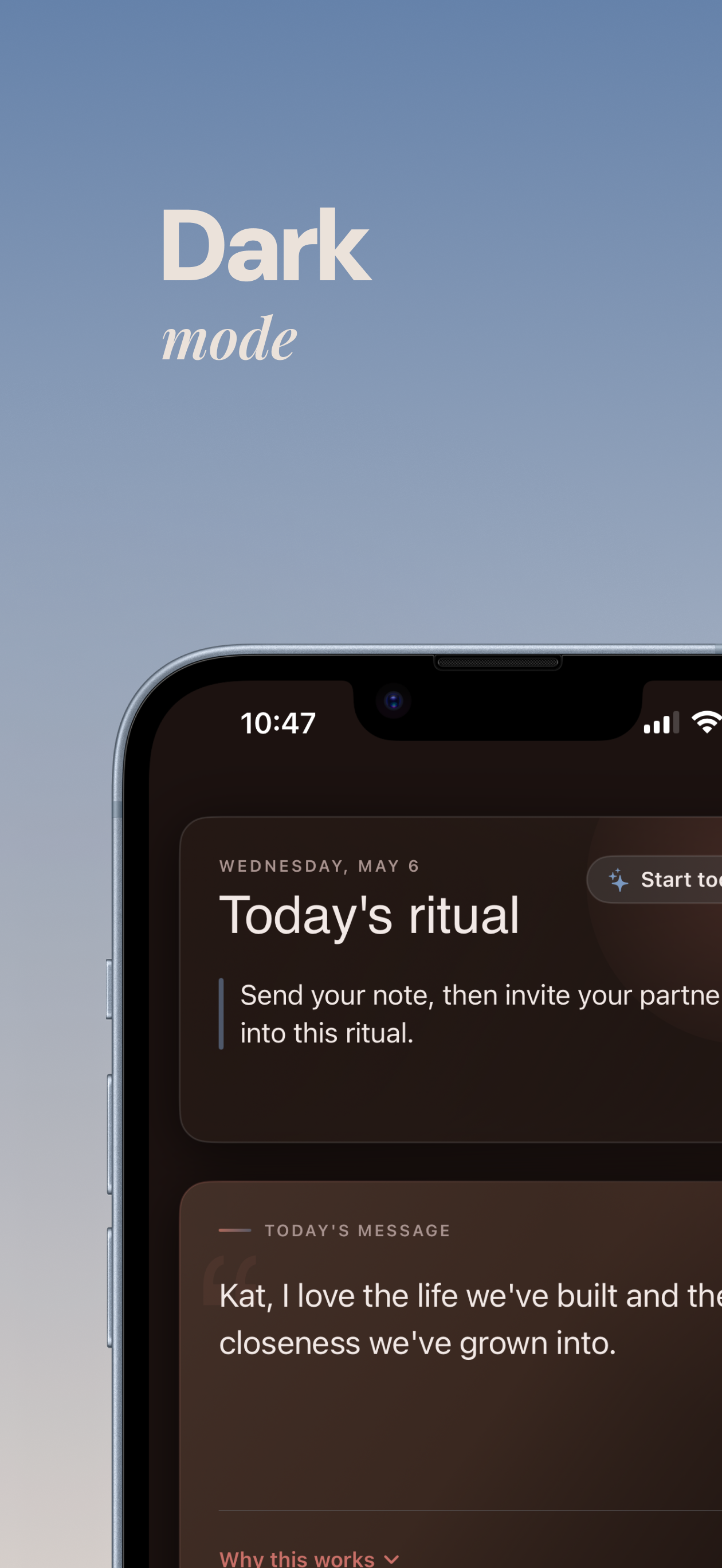 Kindness home screen shown in dark mode