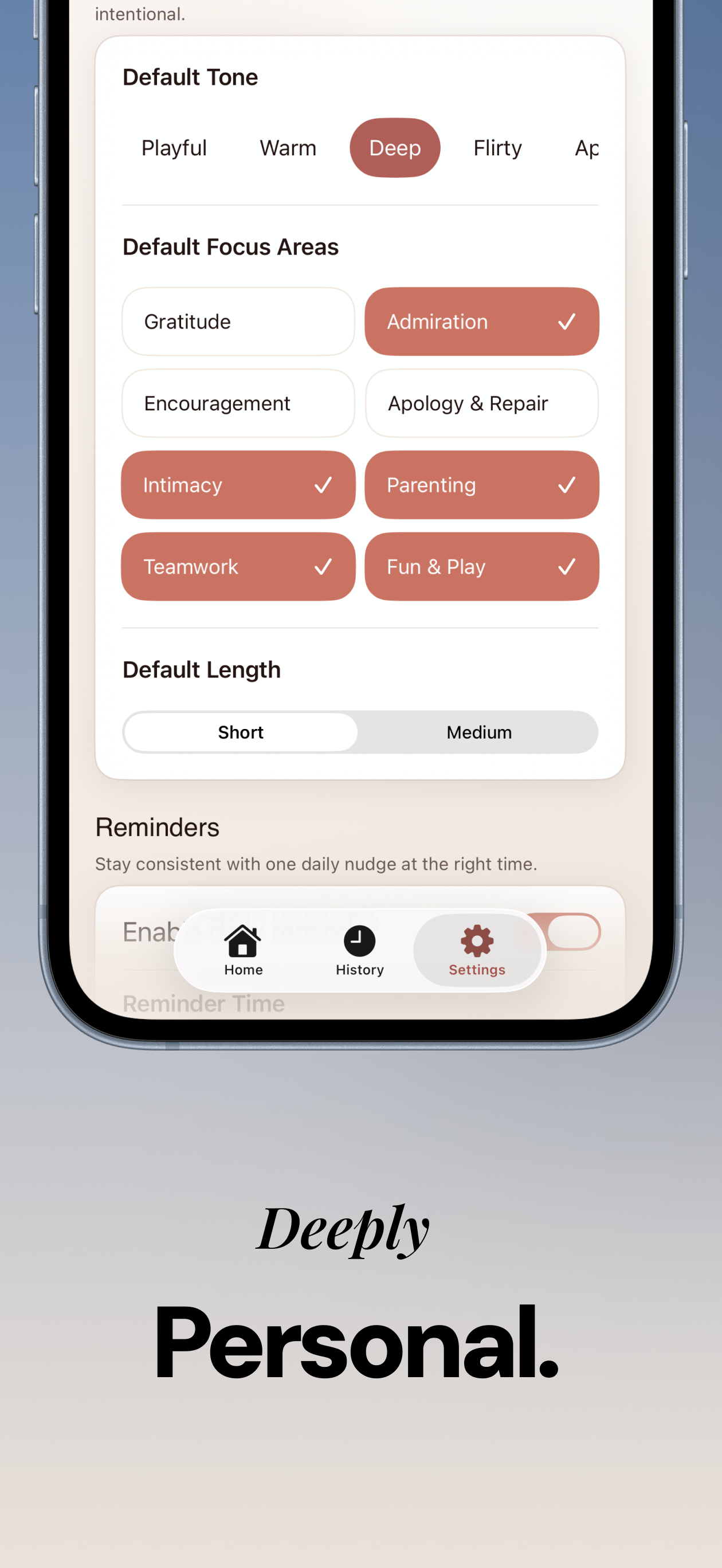 Settings screen with tone, focus areas, and message length controls