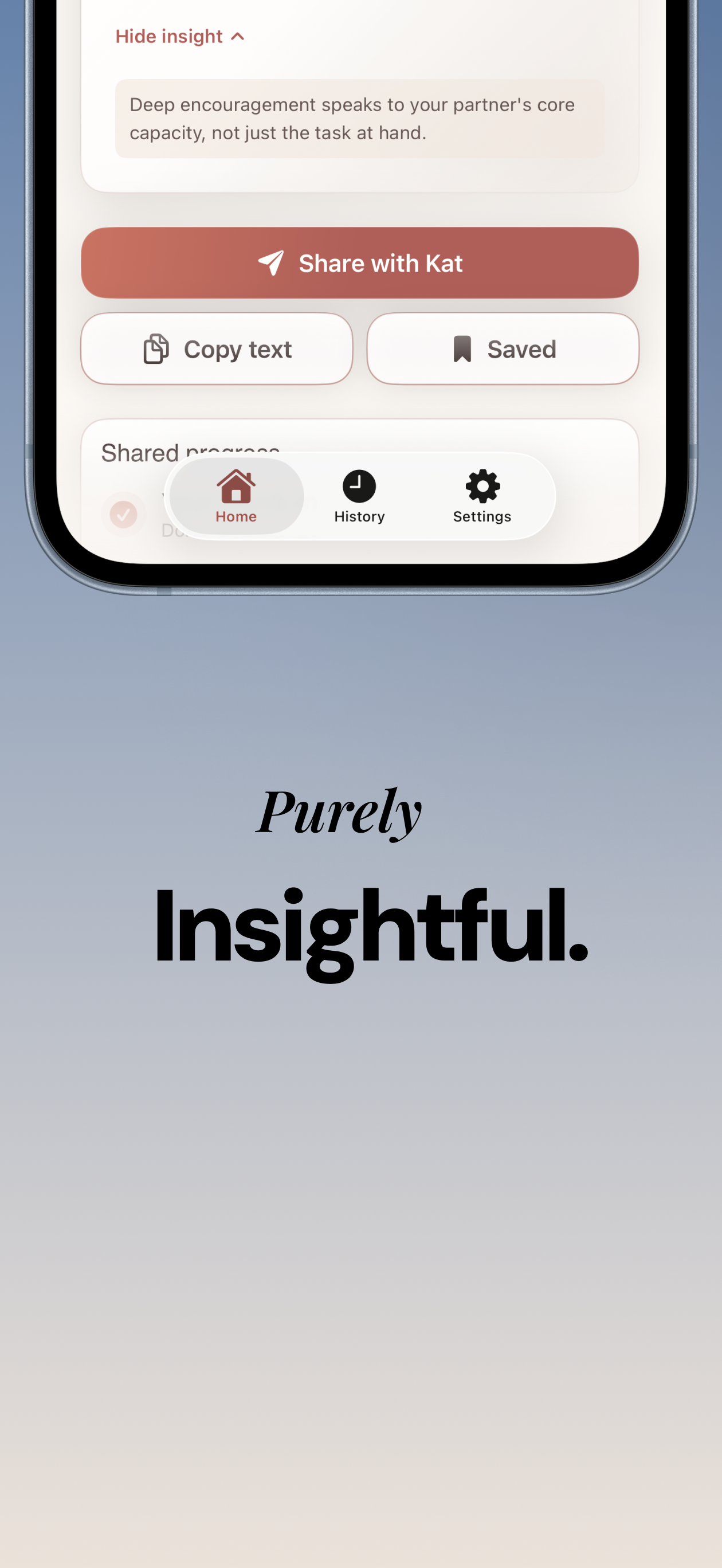 Message screen with insight, share, copy, and save actions