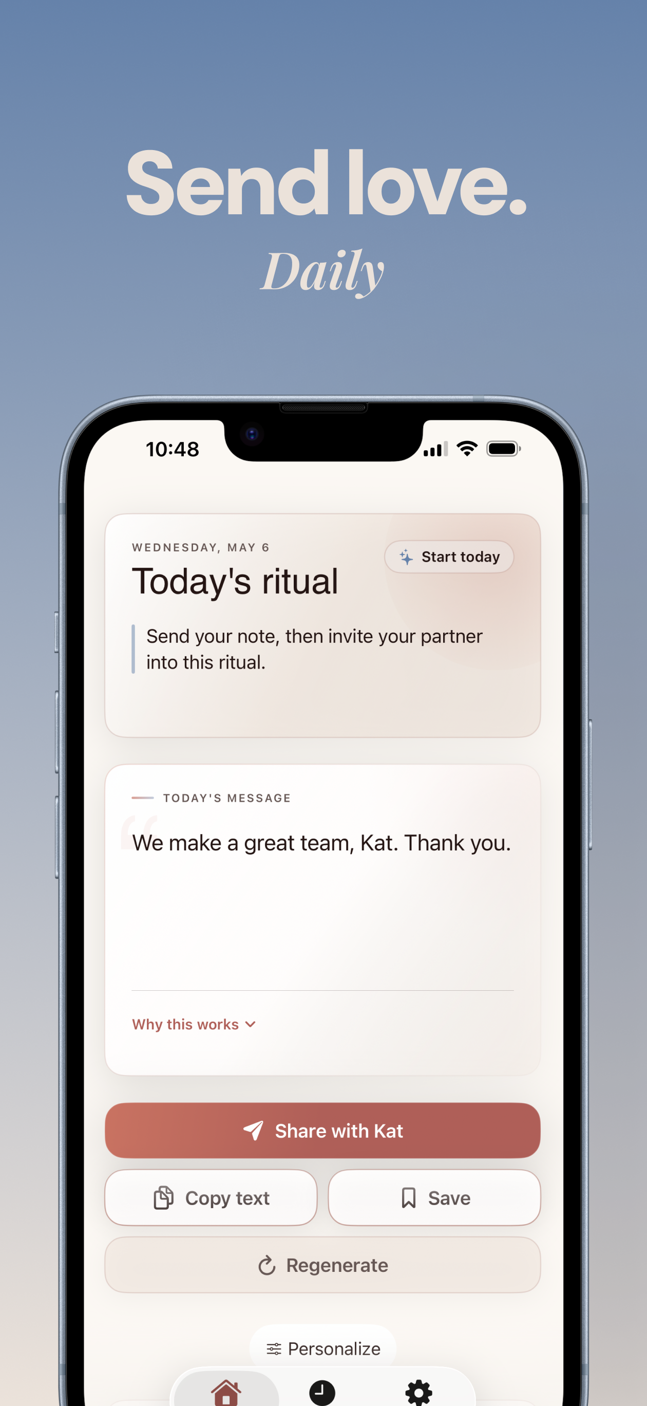 Kindness home screen showing today's ritual and a personalized message