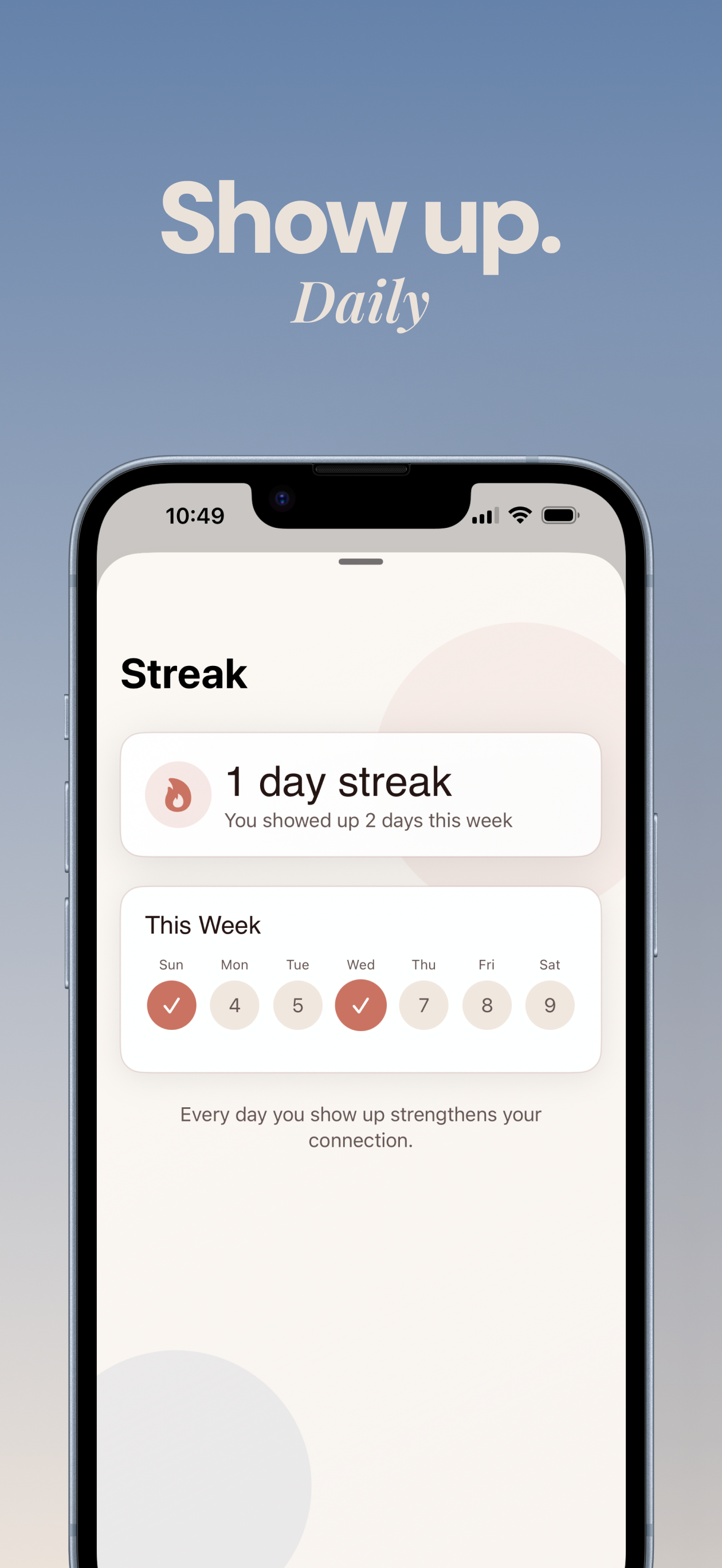 Streak screen showing weekly progress and a one day streak